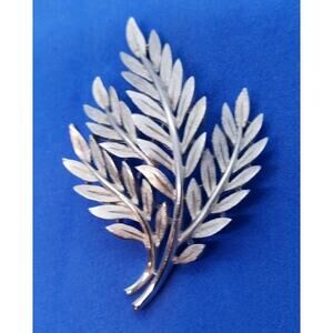 Vintage Trifari Brooch Silver Branches Leaves matte textured mid century Signed